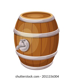 Wooden barrel with alcohol. Beer festival. Oktoberfest. Horizontal cask. Isolated vector illustration in cartoon style
