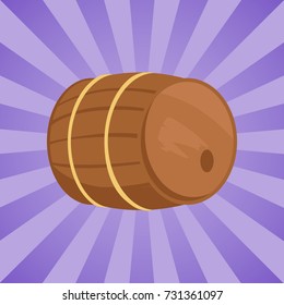 Wooden barrel with alcohol drink vector illustration. Cylindrical container, made of wooden staves bound by metal hoops on purpe background with rays
