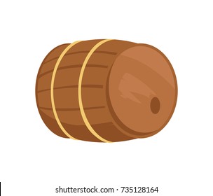 Wooden barrel with alcohol drink vector illustration isolated on white. Cask or tun cylindrical container, made of wooden staves bound by metal hoops