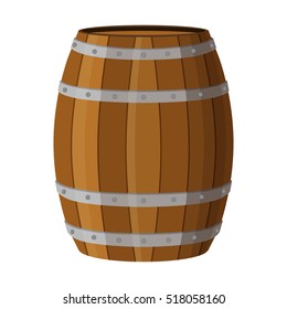 Wooden barrel with alcohol drinks rum, brandy, tequila, liquor, beer, wine, whiskey. Flat style.