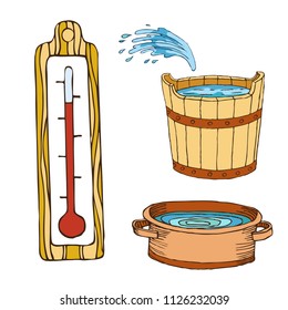 Wooden barrel, basin with water, thermometer for the bath. for body hygiene. Set of accessories for bath, sauna. Hand drawing in sketch style. Isolated object on white background.