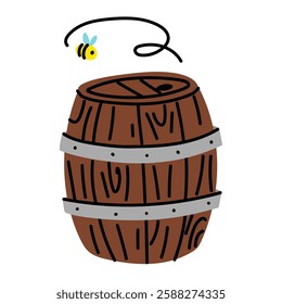 wooden barrel with a bee. A barrel filled with honey, over which a bee hovers. The bee feels honey. The beauty of beekeeping, the purity of honey and the importance of bees in the ecosystem of nature.