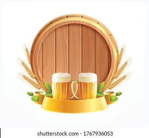 Wooden barrel beer emblem realistic composition with glasses pieces of wheat heads and wood beer cask vector illustration