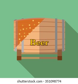 Wooden barrel with beer. Flat design