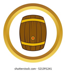 Wooden barrel of beer vector icon in golden circle, cartoon style isolated on white background
