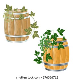 wooden barrel of beer or wine. branches with cones of hops