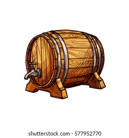 Wooden Barrel Of Beer Or Wine Sketch. Old Oak Keg With A Tap On Wood Stand. Bar, Pub, Winery Or Brewery Symbol, Alcoholic Drinks Design