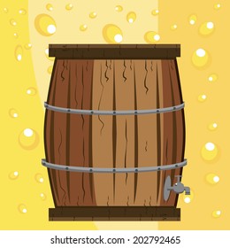a wooden barrel of beer within a yellow background with bubbles