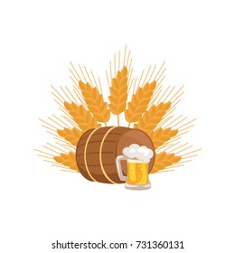 Wooden barrel with beverage and mug of beer in transparent glass vector illustration on background of ears of wheat. Light alcohol drink in glass