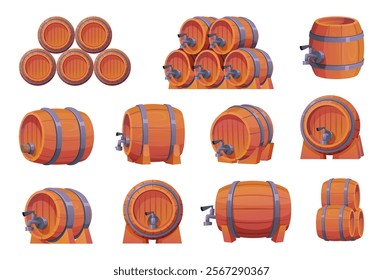 Wooden barrel. Big containers storage for wine from brewery industry exact vector barrels set