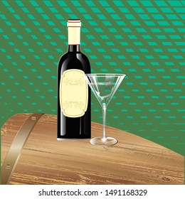 Wooden barrel, bottle of red wine, with a label, with vintage decor, empty transparent glass - abstract Neo mint background with geometric shapes - vector.