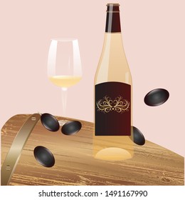 Wooden barrel, bottle of white wine, with a label, with vintage decor, transparent glass, olives - abstract Neo mint background with geometric shapes - vector.