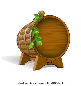 Wooden barrel with branch of hop. Container for beer.