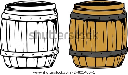 Wooden barrel cartoon doodle set. coloring book Wooden barrel for liquids. Wine, beer. Vector illustration