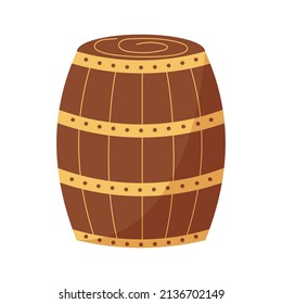 Wooden Barrel In Cartoon Style. Wood Container, Keg For Wine, Rum, Beer Or Gunpowder. 