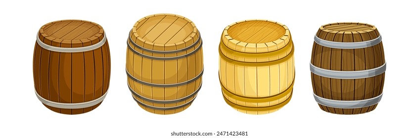 Holzfass oder Fass zum Brauen von Alkohol Vektorgrafik Set