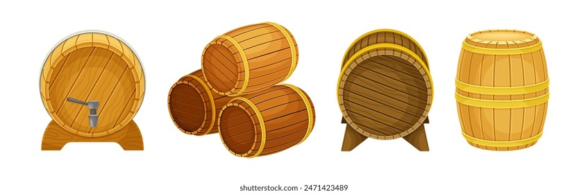 Wooden Barrel or Cask for Brewing Alcohol Vector Set