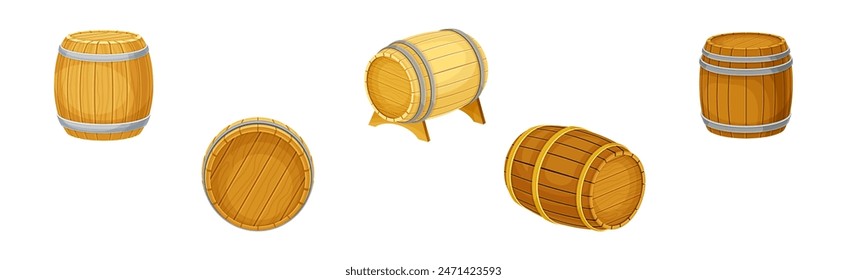 Holzfass oder Fass zum Brauen von Alkohol Vektorgrafik Set