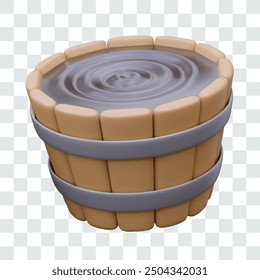 Wooden barrel with clean water. Round container for bathing