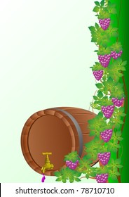 Wooden barrel with a crane and a vine with ripe grapes