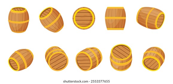 Barril de madera. Diferentes ángulos de rotación y barriles de madera. Almacenamiento de cerveza de vino y coñac en bodega. Elemento de Vector neoterico de la industria de la bodega y la cervecería