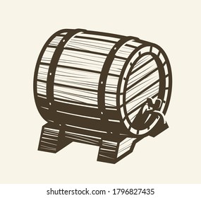 Wooden barrel with faucet. Alcoholic drink, pub symbol