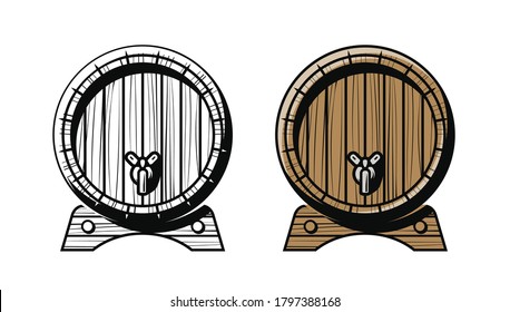 Wooden barrel with faucet. Alcoholic drink, pub symbol