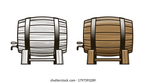 Wooden barrel with faucet. Alcoholic drink, pub symbol