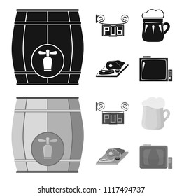 A wooden barrel with a faucet, a pub sign, a mug of beer, pieces of meat on a board.Pub set collection icons in black,monochrome style vector symbol stock illustration web.