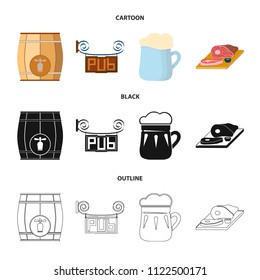 A wooden barrel with a faucet, a pub sign, a mug of beer, pieces of meat on a board.Pub set collection icons in cartoon,black,outline style vector symbol stock illustration web.