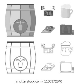 A wooden barrel with a faucet, a pub sign, a mug of beer, pieces of meat on a board.Pub set collection icons in outline,monochrome style vector symbol stock illustration web.