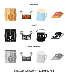 A wooden barrel with a faucet, a pub sign, a mug of beer, pieces of meat on a board.Pub set collection icons in cartoon,black,monochrome style vector symbol stock illustration web.