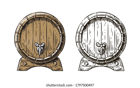 Wooden barrel with faucet sketch. Hand drawn vintage vector illustration