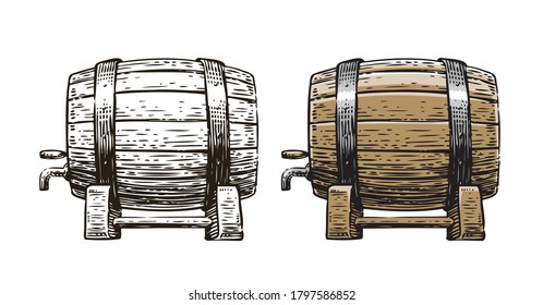 Wooden barrel with faucet sketch. Hand drawn vintage vector illustration