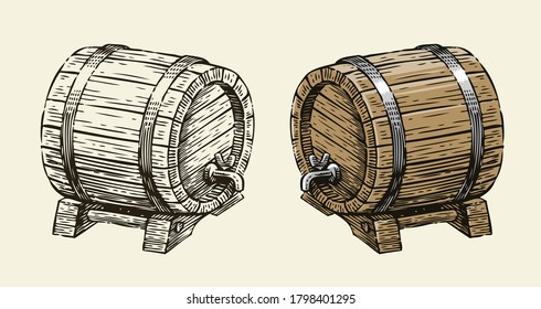 Wooden barrel with faucet sketch. Hand drawn vintage vector illustration