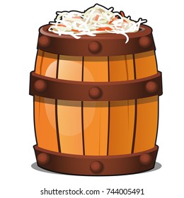 Wooden barrel filled with fermented vegetarian sauerkraut isolated on white background. Traditional old rural Russian marinated food. Vector cartoon close-up illustration.