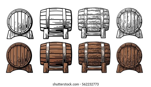 Wooden barrel front and side view. Color and black vintage engraving vector illustration. Isolated on white background