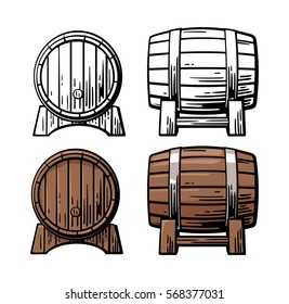 Wooden barrel front and side view. Color and black vintage engraving vector illustration. Isolated on white background