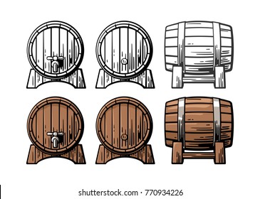 Wooden barrel front and side view. Color and black vintage engraving vector illustration. Isolated on white background