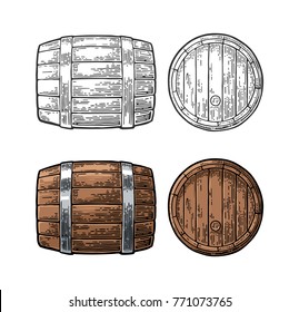 Wooden Barrel Front And Side View. Color And Black Vintage Engraving Vector Illustration. Isolated On White Background