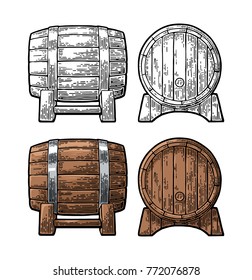 Wooden barrel front and side view. Color and black vintage engraving vector illustration. Isolated on white background