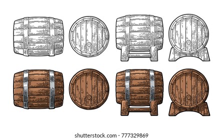 Wooden barrel front and side view. Color and black vintage engraving vector illustration. Isolated on white background