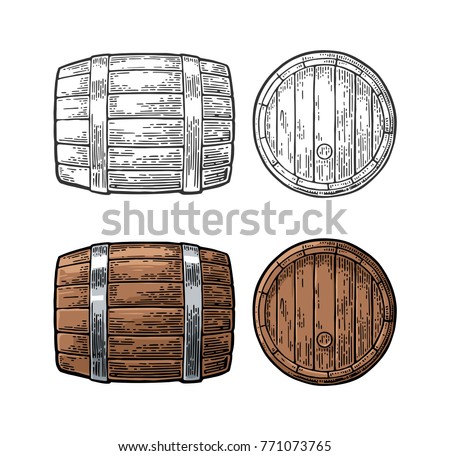 Wooden barrel front and side view. Color and black vintage engraving vector illustration. Isolated on white background