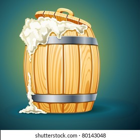 wooden barrel full of beer with foam vector illustration isolated on white background