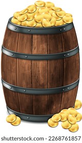 A wooden barrel full of shiny gold coins. 3d vector. Highly detailed realistic illustration