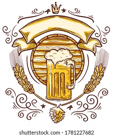 Wooden barrel and glass of beer decorative drawn emblem