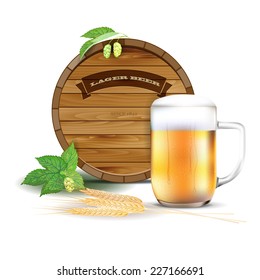 Wooden barrel, glass of beer, hops and barley - vector illustration