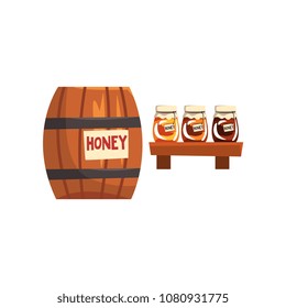 Wooden barrel and glass jar with honey, apiary honey production vector Illustration on a white background