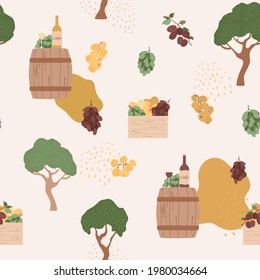 Wooden barrel with glass of red wine and bottle in craft package. Farming, winemaking concept. Fruit boxes, apricots, grapes, vineyard trees. Vector illustration, seamless pattern in vintage style.