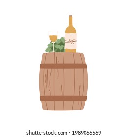 Wooden barrel with glass of wine, bottle in craft package, green grape branch Vector illustration in vintage style.